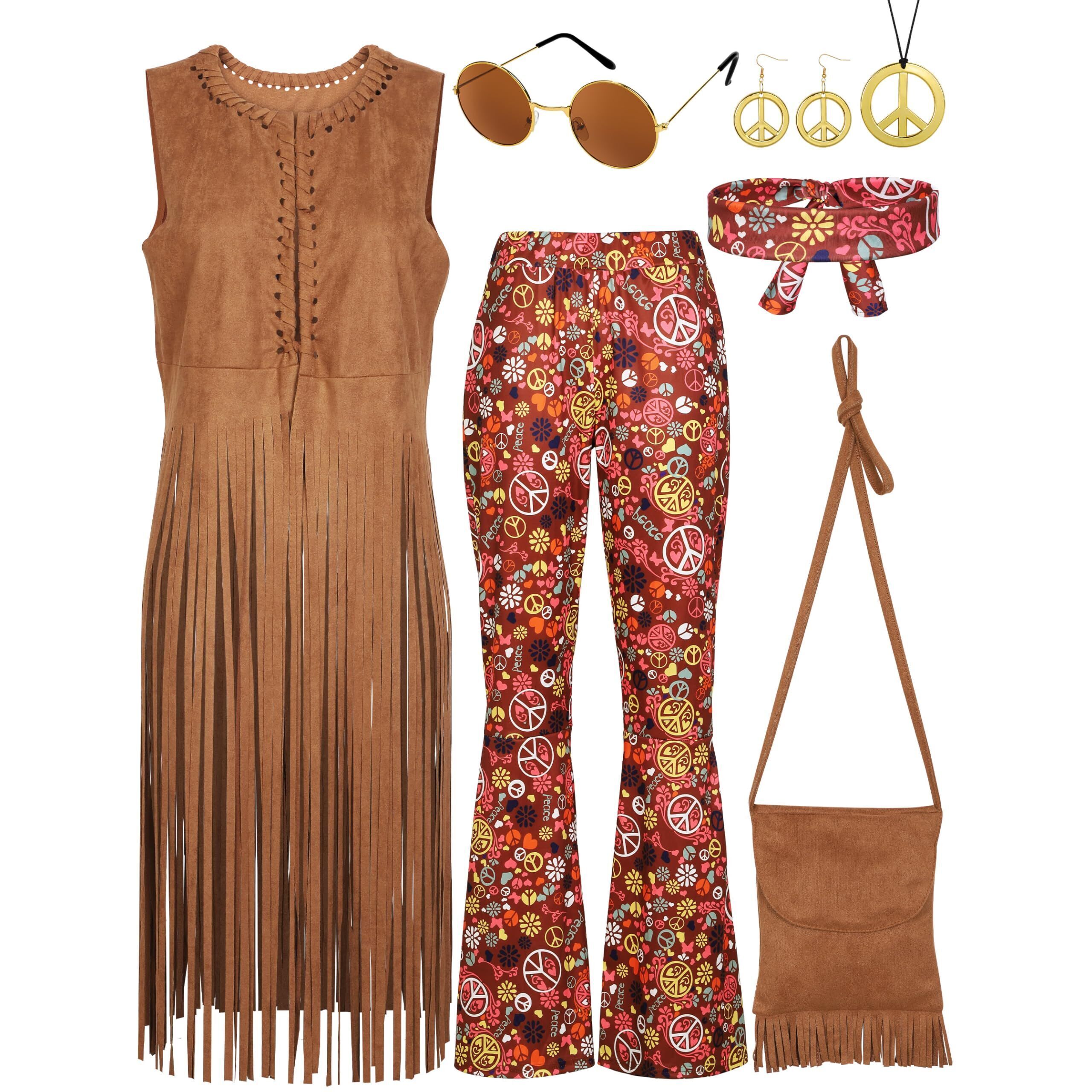 3153 7 Pieces 70s Hippie Costume Set Includes Fringe Vest Bag